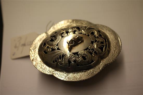 A late 19th/early 20th century Chinese pierced silver butter dish and cover, 4.5in.